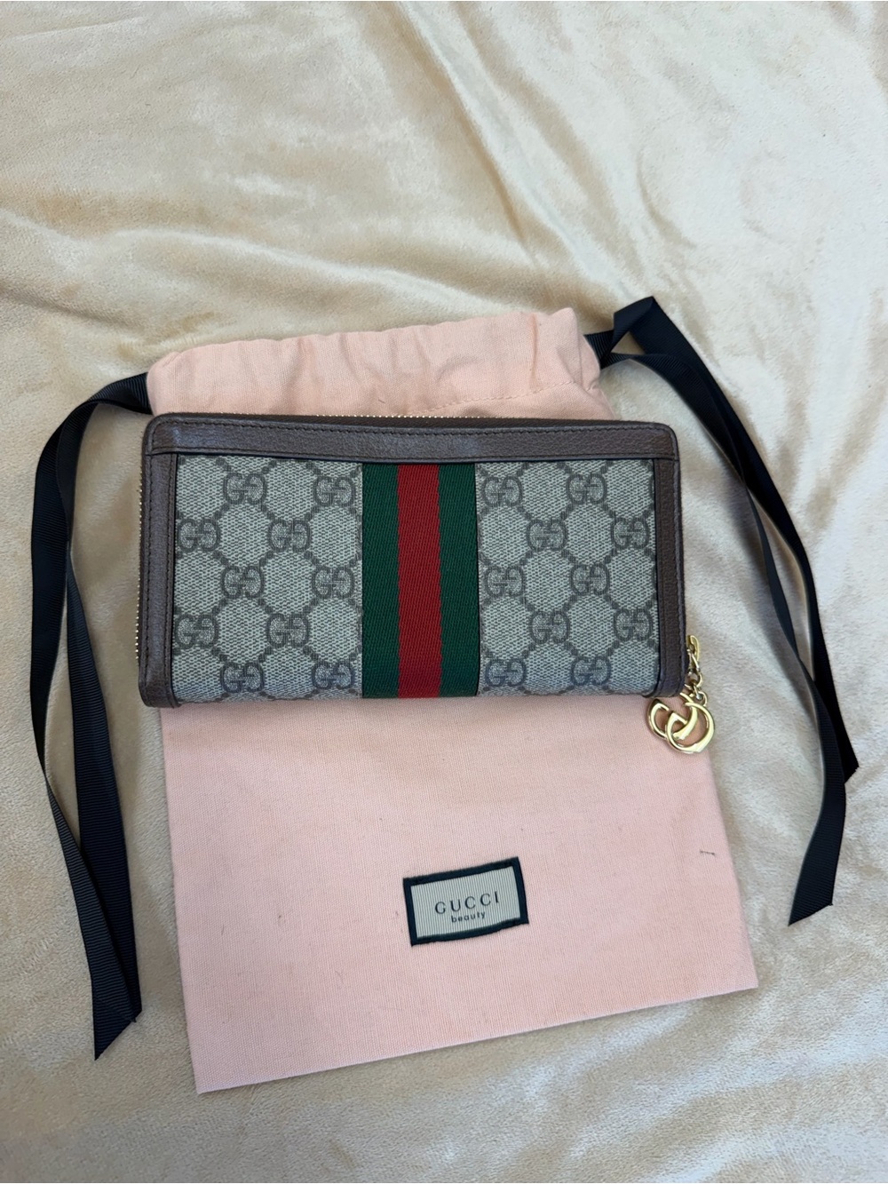 Gucci Brown GG Supreme Zip Wallet with Green and Red Web